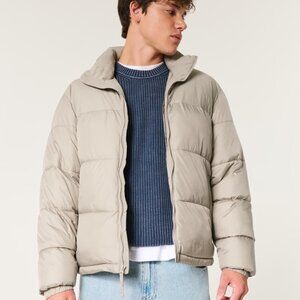 BNWT Hollister Boxy Zip-Up Puffer Jacket, Tan, Large
